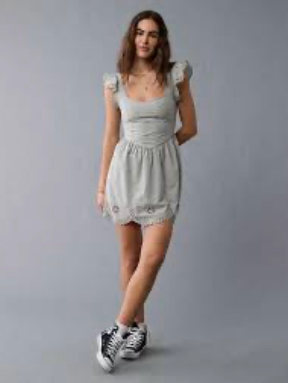 ⚡️NWT American Eagle Light Gray Scoop Neck Lace-Hem Mini Dress